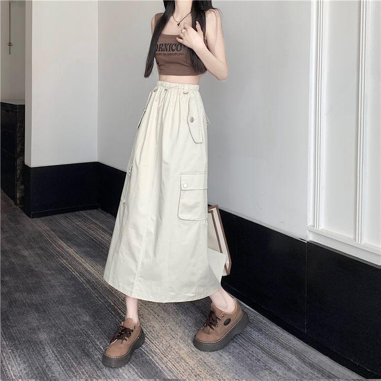 Women's Summer American Vintage Drawstring Utility Midi Skirt - High-Waist Split Loose A-Line Elegant Skirt