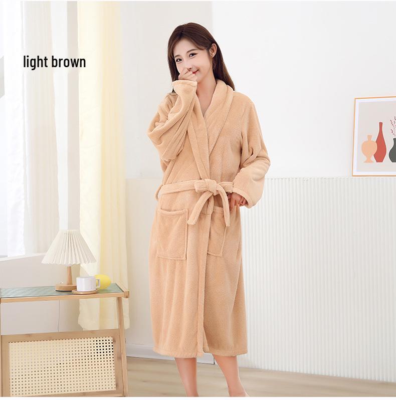 Women's Mid-Length Coral Fleece Yukata: Warm Autumn & Winter Bathrobe with Lapel