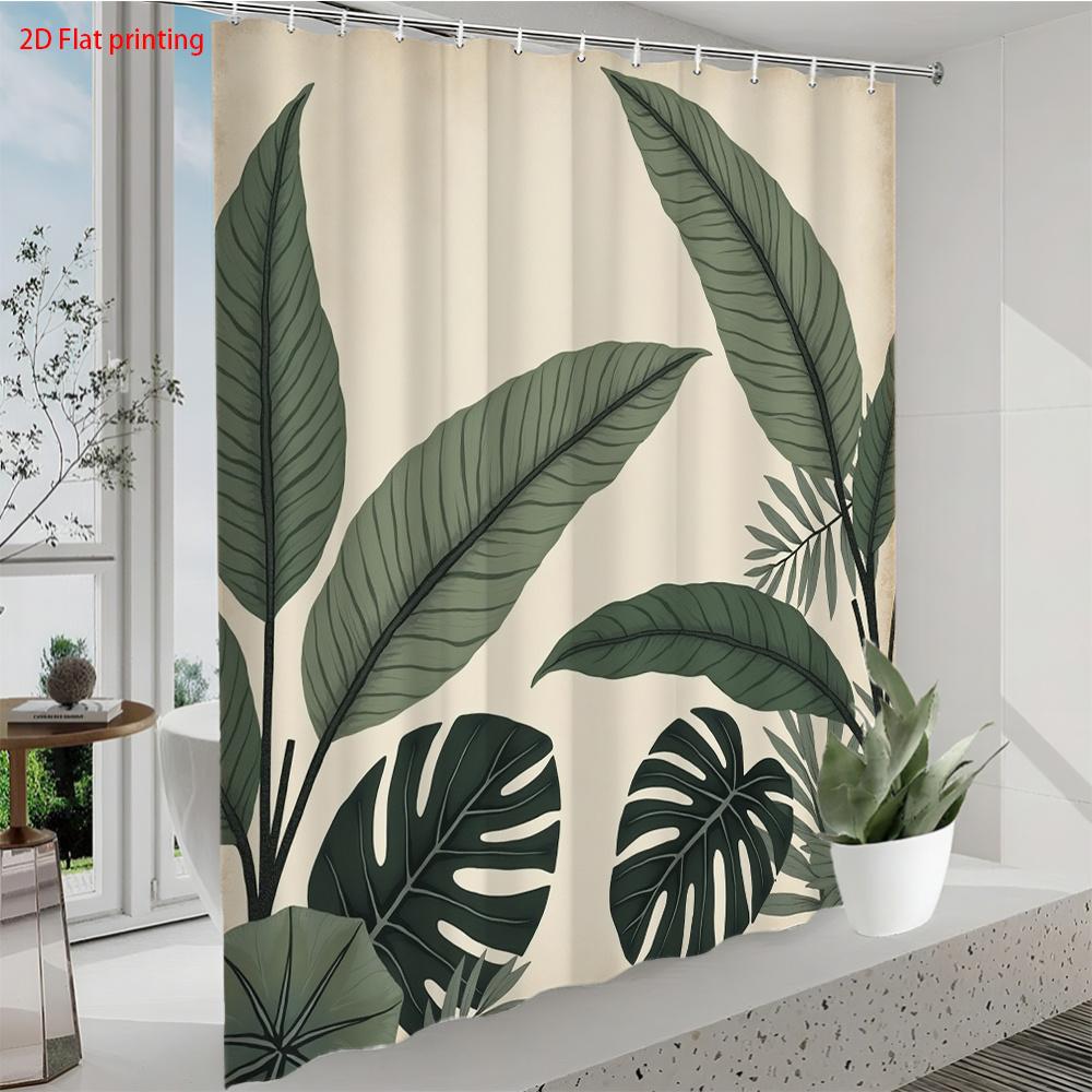 Tropical Leaf Shower Curtain 1Pc – Monstera And Palm On Beige Background, Vintage Nature Art Bath Curtain For Modern Home Decor