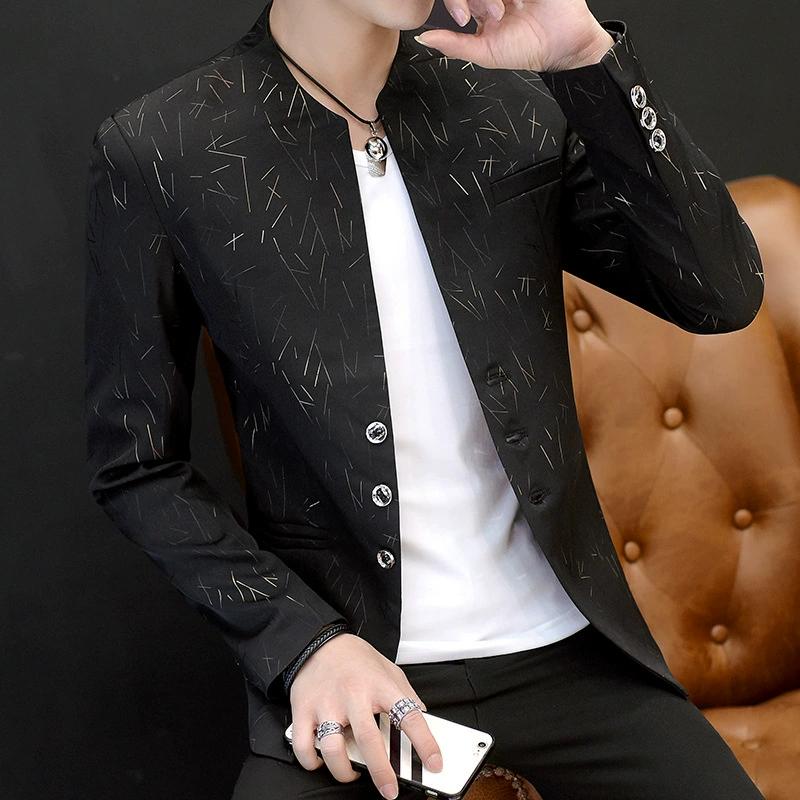 Men's Casual Fashion Collar Blazers Youth Handsome Trend Slim Print Blazers Suit Coat Jacket Black White Man Cardigan Wedding Party Formal Business