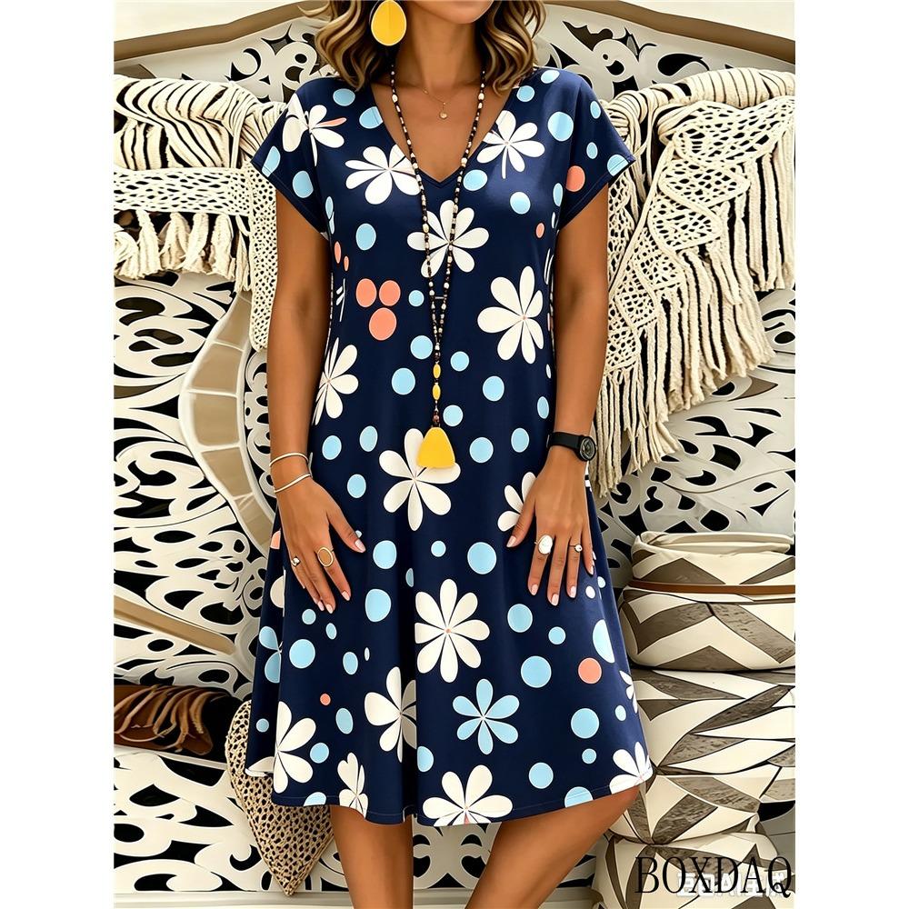Short Sleeved V-Neck Summer Women's Dress New Casual Flower Polka Dot Print Loose Dresses