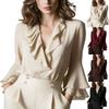 Women's Elegant Ruffle V-Neck Blouse, 3/4 Sleeve Flounce Bell Sleeve Satin Shirt, Casual Loose Fit Chiffon Top