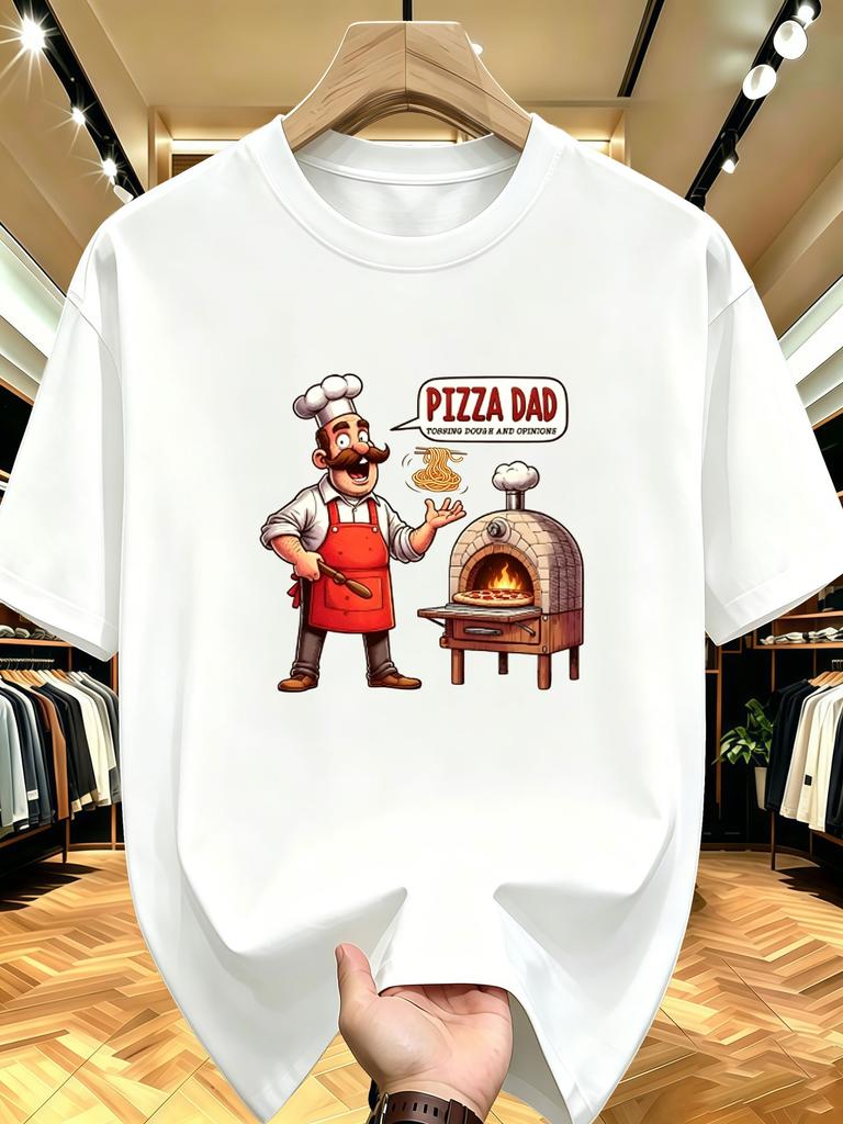 Unisex O Neck Tee Funny Pizza Dad Chef Cartoon Print Cotton Short Sleeve Loose Summer Street Breathable Daily Casual Basic Wear Top