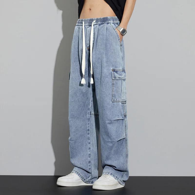 

2026 Summer Men Retro Pleated Work Jeans Men Vintage Hole Jeans Men Solid Color Cotton Wide Leg Pants Men Streetwear Trousers 2XL