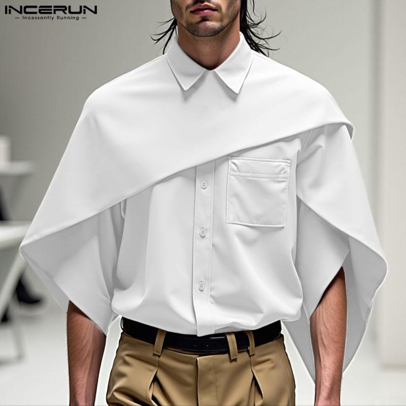 INCERUN Men Lapel Collar Short Sleeve Irregular Layers Patchwork Casual Cape Shirts