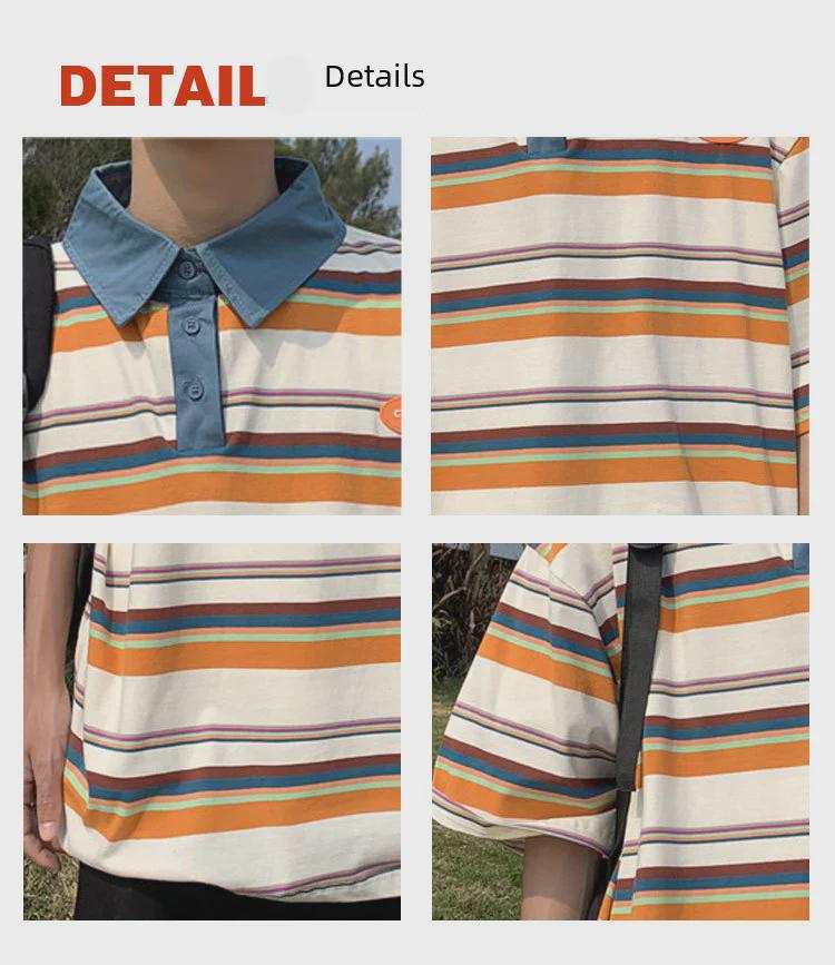 Męska koszulka polo w paski Harajuku - Modna, luźny krój, casualowy styl hip-hopowy