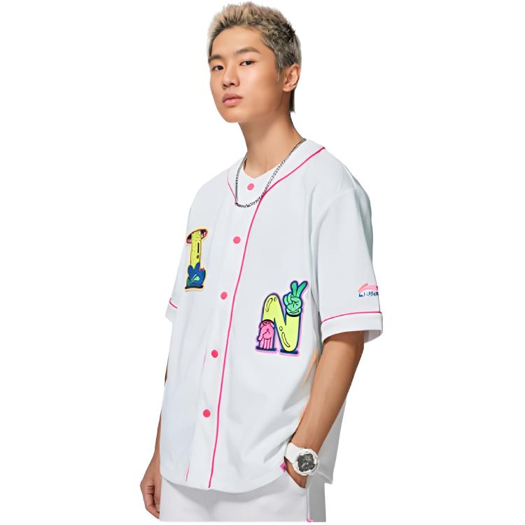 Li-Ning Steven Harrington Embroidered Cartoon Print Single-Breasted Short Sleeve Jacket Men Jacket White AFDSC23-2