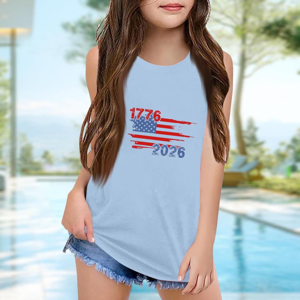 Girls  Kids Summer Crewneck Sleeveless Shirts Tank Tops Independence Day