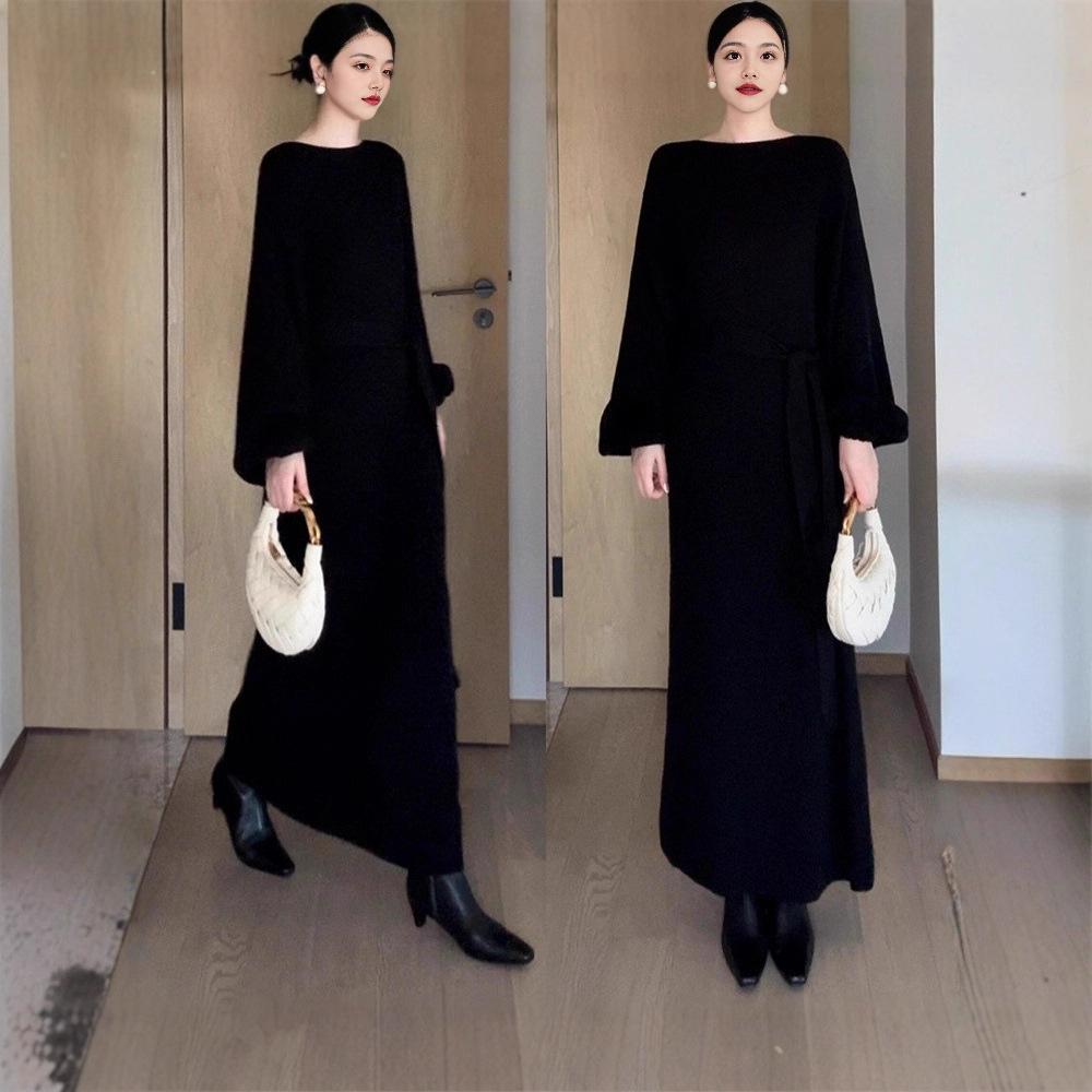 

Hepburn-Style Elegant Slimming Knit Dress - Versatile, Loose Fit, Long, Waist-Cinching and High-End Skirt M чёрный