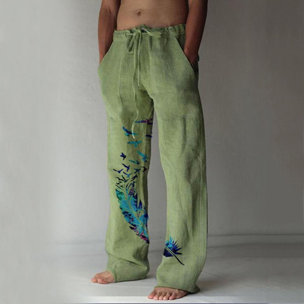Men's Casual Loose And Comfortable Casual Pants Cotton Linen Printed Drawstring Trousers