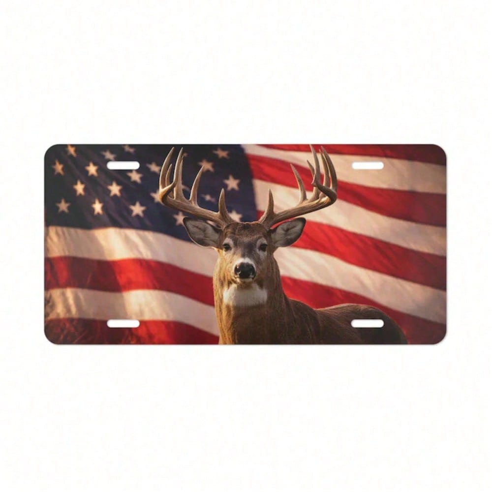 American Flag Deer Vanity Plate Rustic Buck Front Bumper Tag for Truck SUV Vintage Metal US Decor Sign