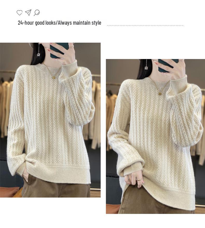 2024 A/W Women's Thick Wool Knit Sweater - Round Neck, Long Sleeve, Bright Silk, Loose Fit