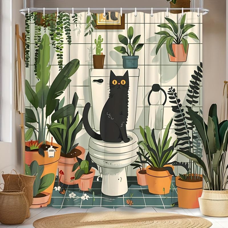 1pc Greenery Cat Shower Curtain - Floral Pots Cartoon, Polyester, Washable, 12 Hooks, Animal Theme, Modern Bathroom Decor