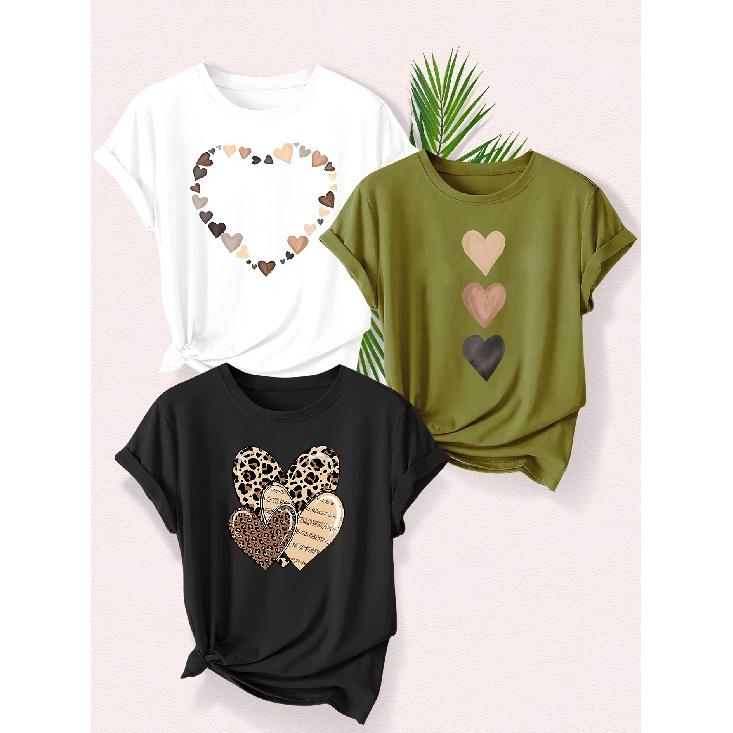 3 Women s heart-shaped print item T Shirt Casual Round Neck Short Sleeve Top With perfect Aphorism Leopard print and heart-shaped S