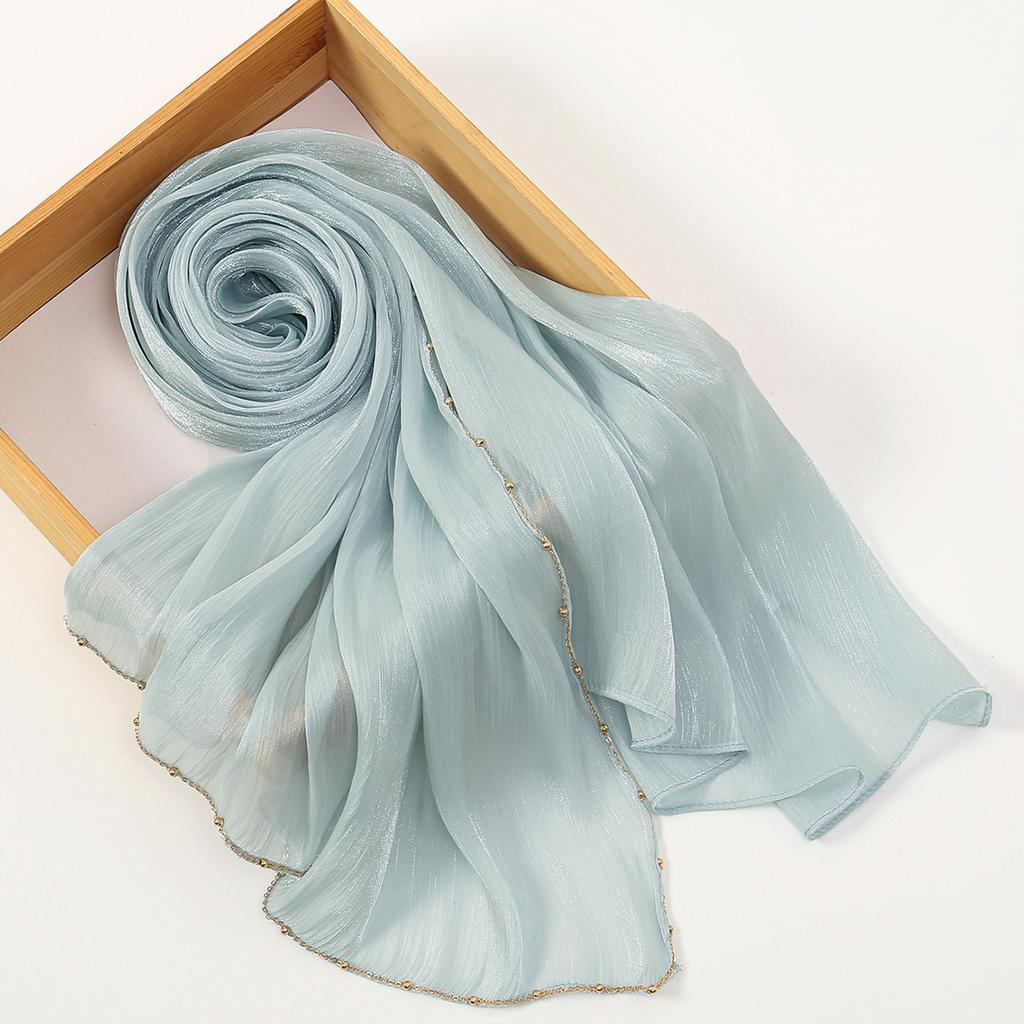 New Beading Silk Crinkle Hijab Scarf Women Shimmer Shawls Plain Muslim Women Hijabs Islam Turban Pleated Scarf Ramadan