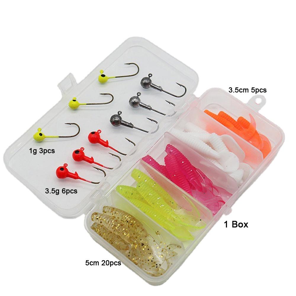 

35pcs Fishing Accessories Set T Tail Lure 25Pcs Soft Fake Baits with 9pcs 1/3g Jig Head Hook with Box Artificial Bait Tackle 260319 белый