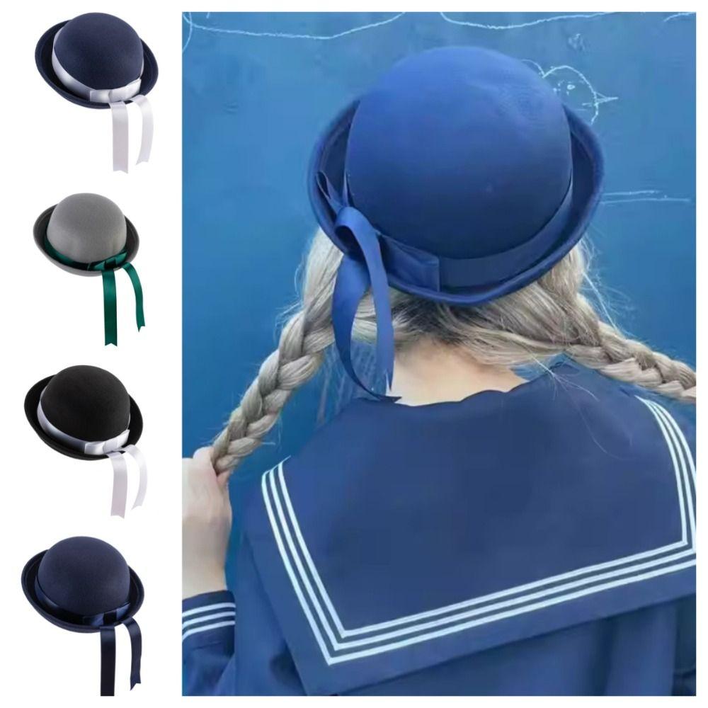 

College Style Round Dome Fedora Hat Woolen JK Uniform Cap Fashion Sailor Hat Girls black-white bow