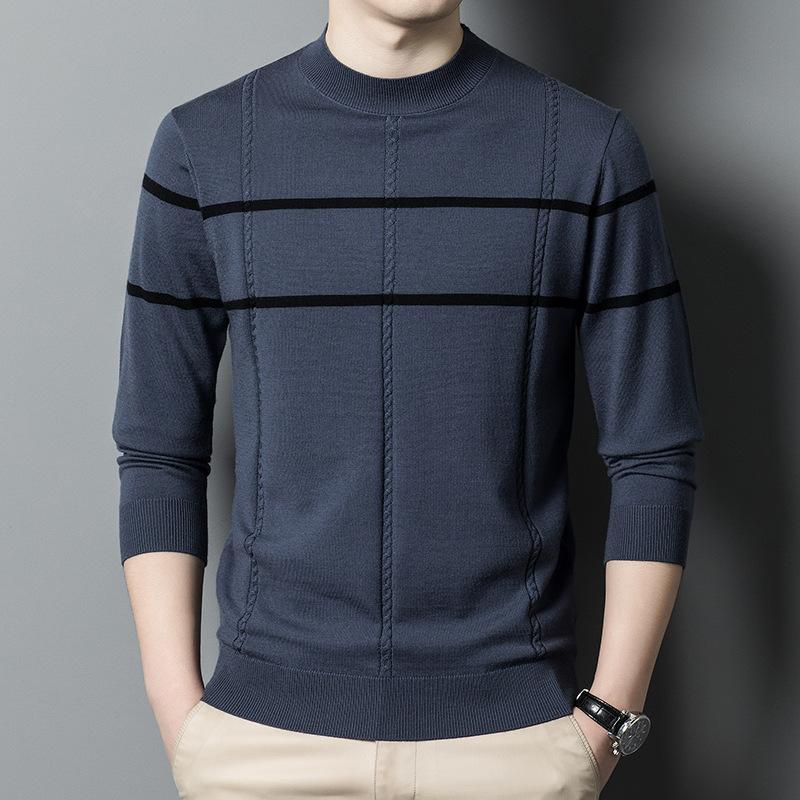 Neuer Wollpullover für Herren aus reiner Wolle, langärmelig, halbhoher Kragen, gestreifter Pullover mit Bodenbildung, Pullover mit Kammgarnmuster, Flut