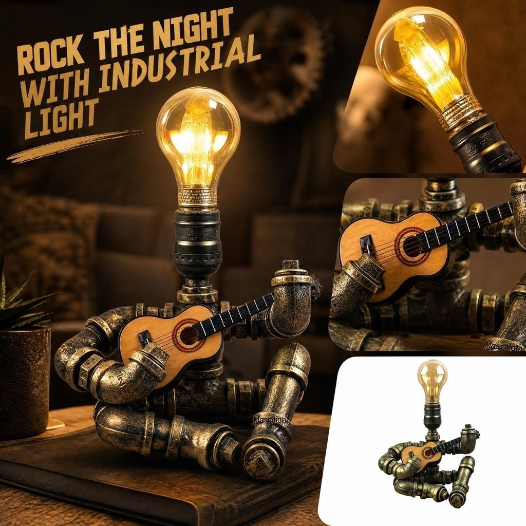 Industrial Pipe Robot Guitar Figurine Night Light Decorative Stand for Home