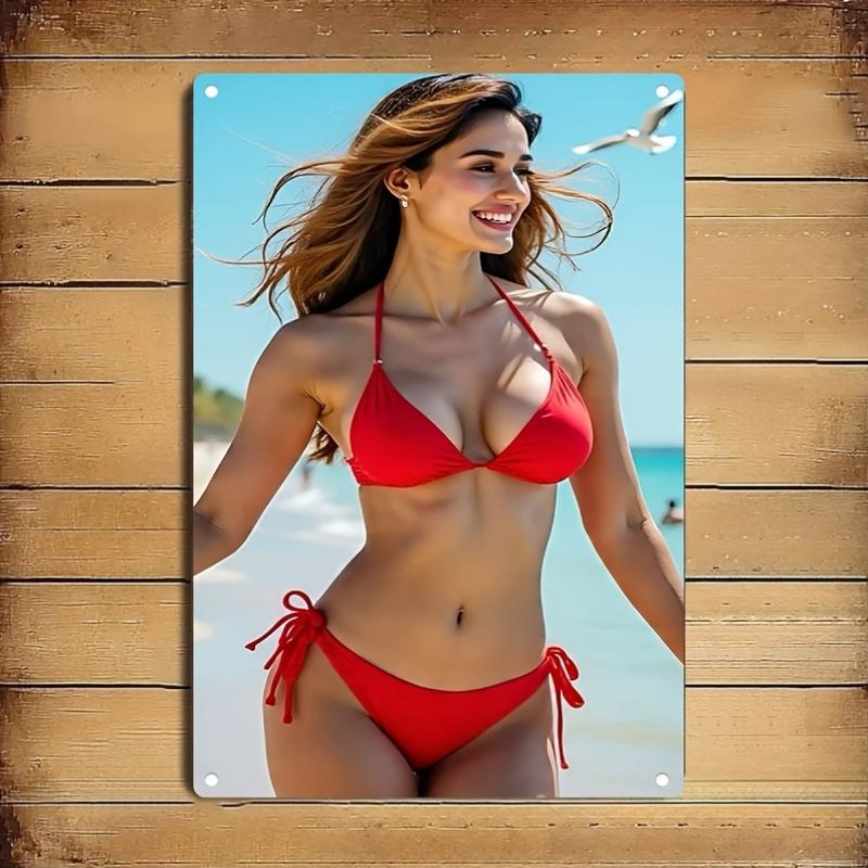

Red Bikini Beach Girl Metal Wall Art Funny Waterproof Decor Sign for Home Bar Cafe Christmas Gift 20x30cm