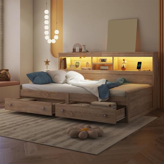 Single Bed Daybed 90x200cm Sofa Bed Bedside Cabinet with 2 USB And Charging Sockets Youth Ambient Lighting Two Drawers Slatted Frame (without