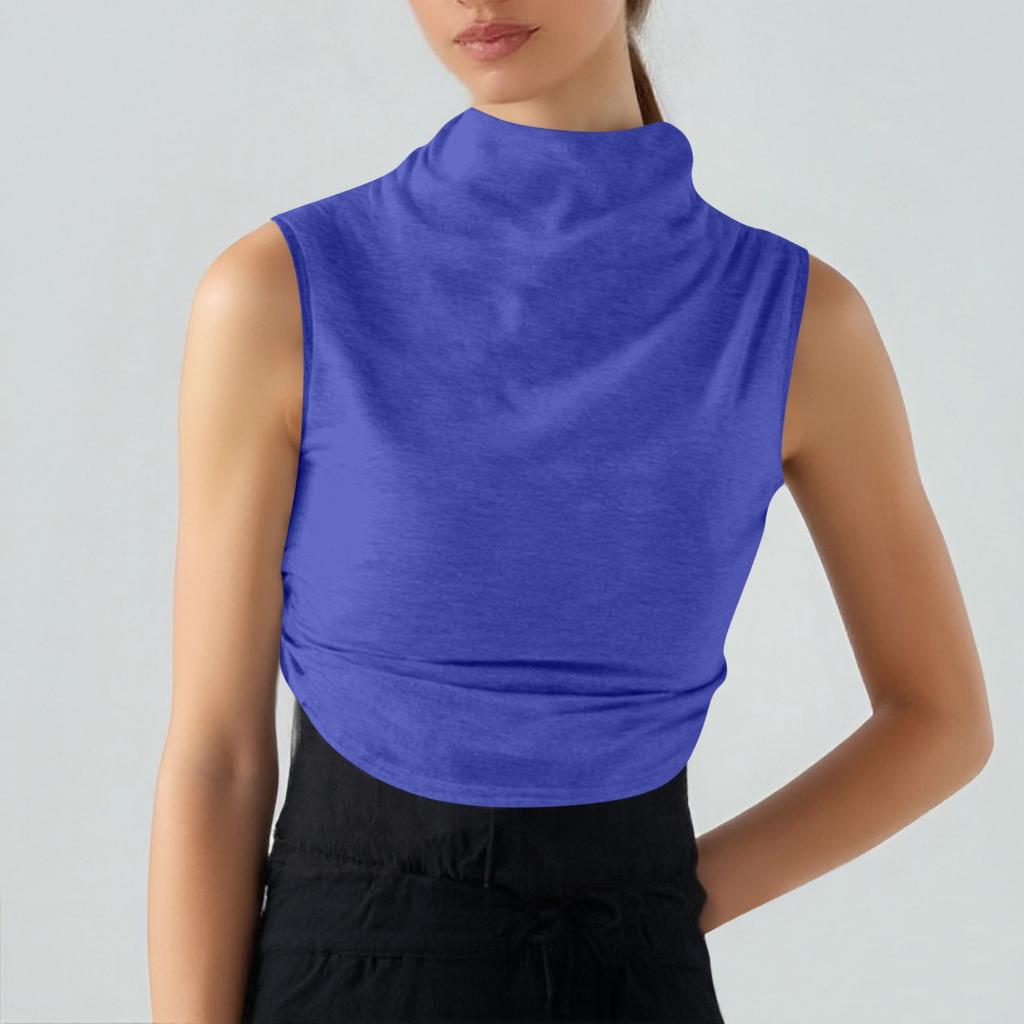 Women's Solid Color Semi-high-neck Sleeveless Vest Pleated  Top T-shirt