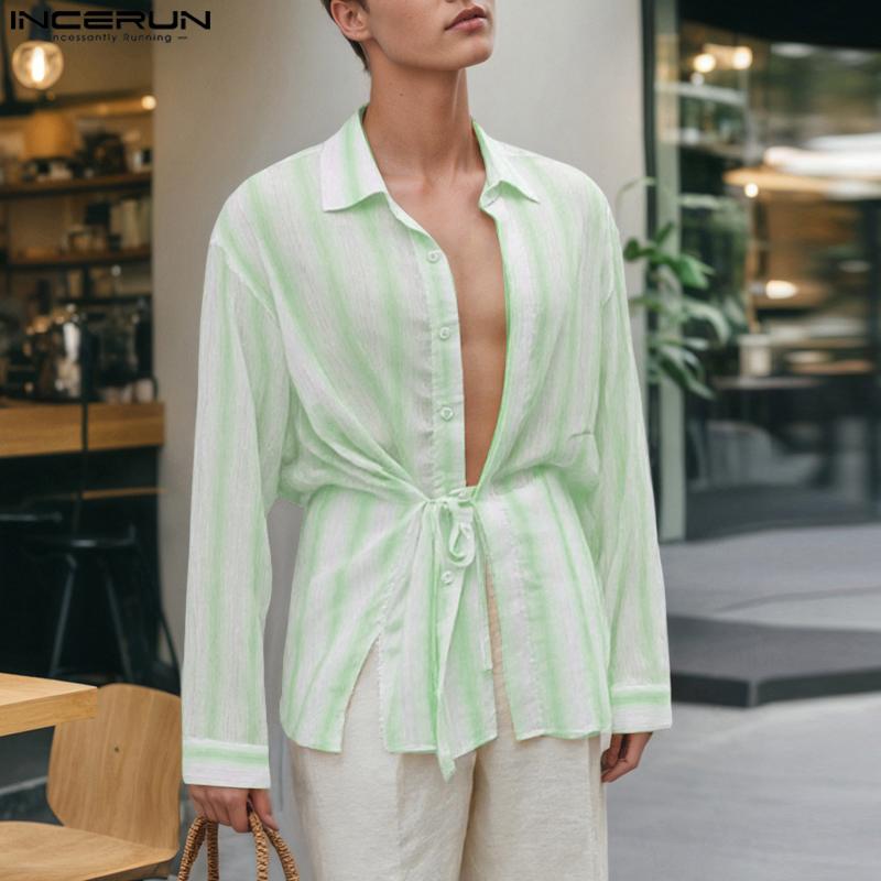 INCERUN Men Lapel Neck Long Sleeve Striped Side Lace-up Casual Oversized Shirts