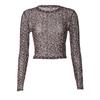 Sexy European Style Women Leopard Print Mesh See Through Long Sleeve Crew Neck T Shirt Top