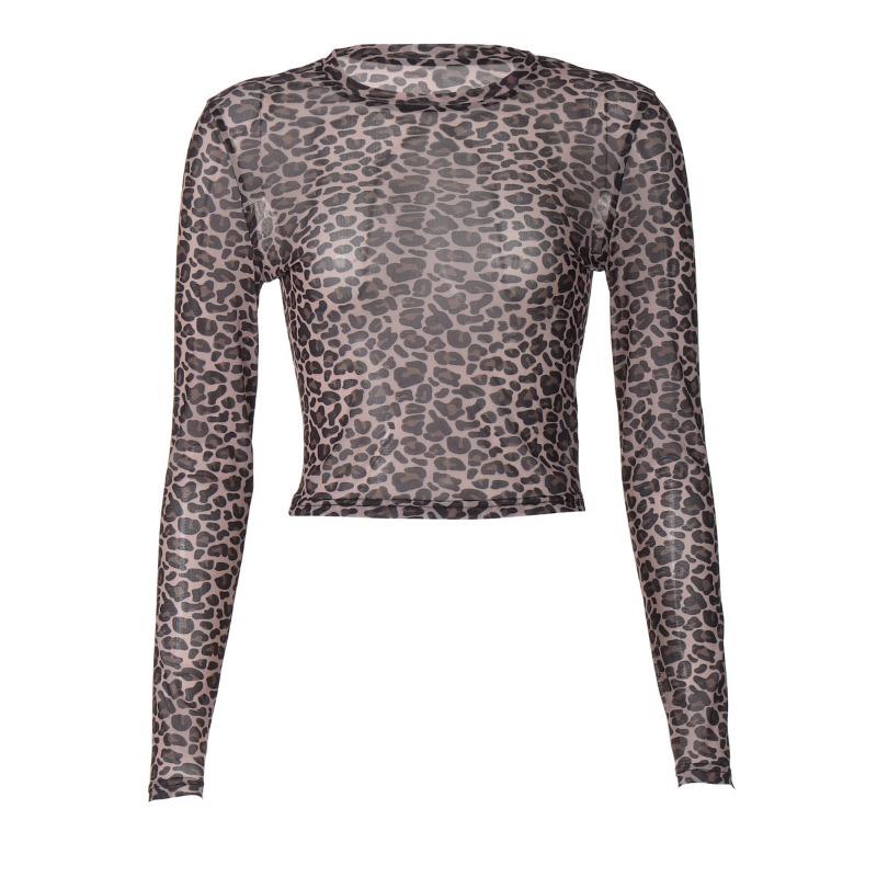Sexy European Style Women Leopard Print Mesh See Through Long Sleeve Crew Neck T Shirt Top