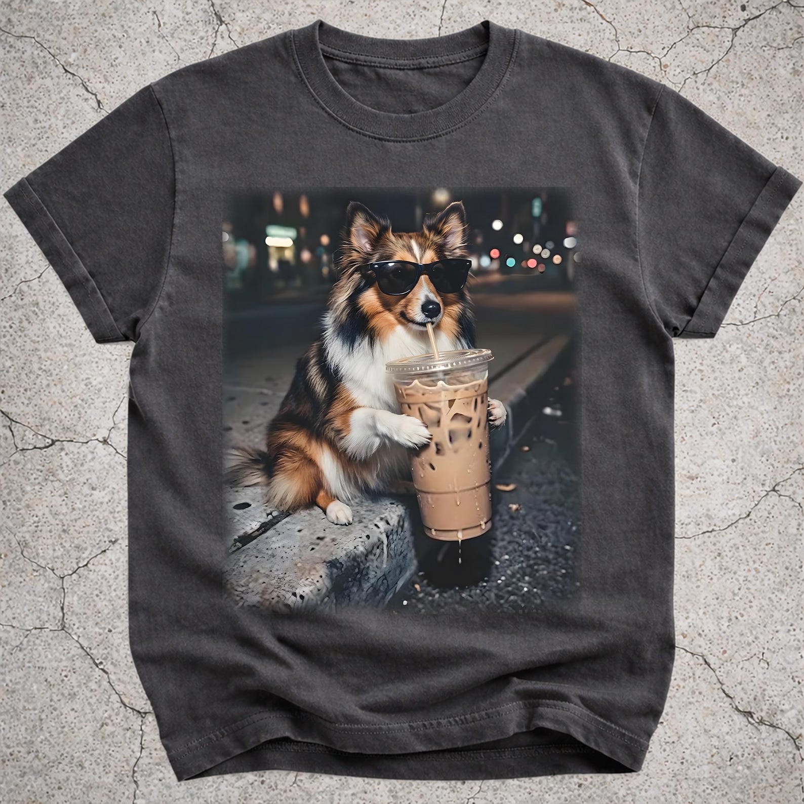 Funny Sheltie Drinking Iced Coffee Shirt, Shetland Sheepdog Gift, Dog Mom Tee 2XL