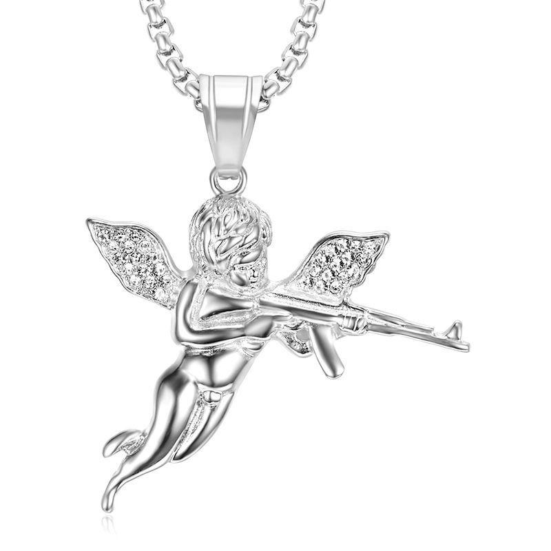 Hip Hop New Jewelry Titanium Steel Gold Plated Diamond Revenge Angel Pendant Necklace