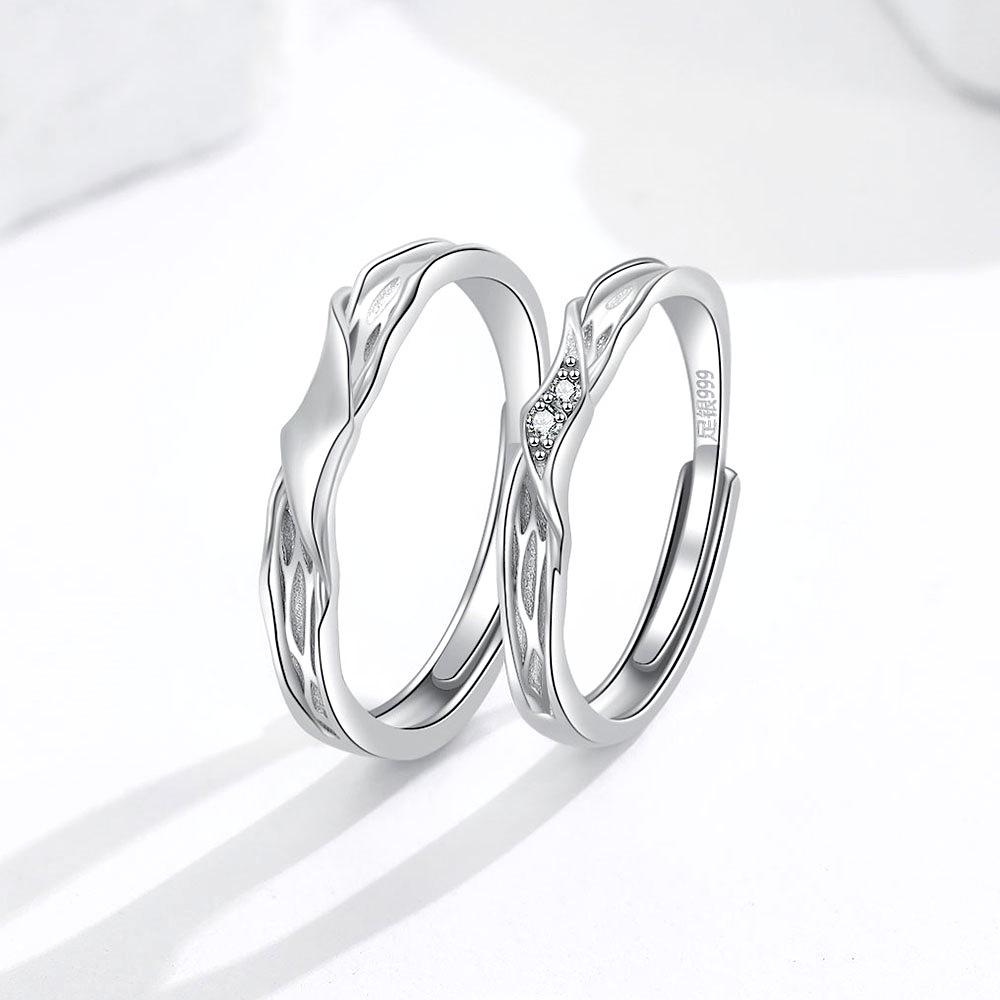 Sterling Silver Couple Rings: Twisted Pattern, Diamond Inlay, Open Design – Perfect for Anniversaries.