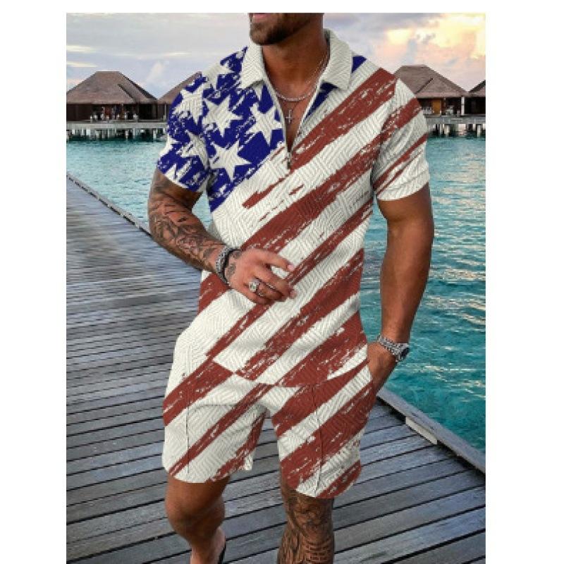 2025 summer men's 3D digital printing short-sleeved polo fashion sports and leisure suit foreign trade men's solid color