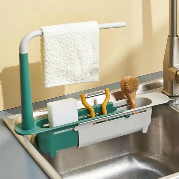 Organizator telescopic de bucătărie peste chiuvetă cu cuier pentru prosoape, coș de scurgere subțire extensibil pentru baie de acasă