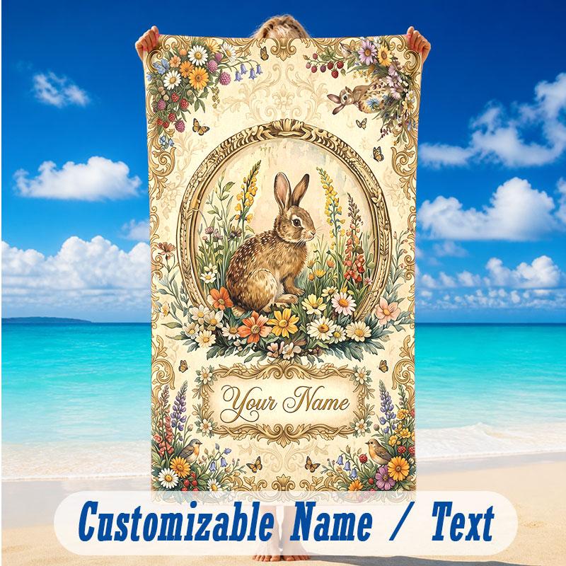 Easter Bunny Theme Beach Towel Personalized Custom Name & Text Soft Quick Dry Beach Towel for Swimming Travel