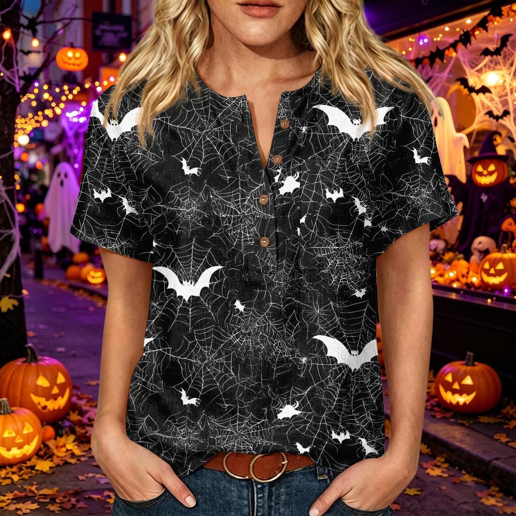 Women's Casual Halloween Print V Neck Short Sleeve Buttoned Three Quarter Sleeve T Shirt Top Lightweight Comfortable Fabric