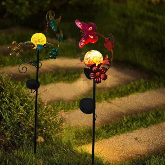 Nature Inspired Outdoor Accents Solar Glass Cracked Ball Garden Light, Butterfly Hummingbird Metal Weather Resistant Lawn Ornaments Stake Waterproof