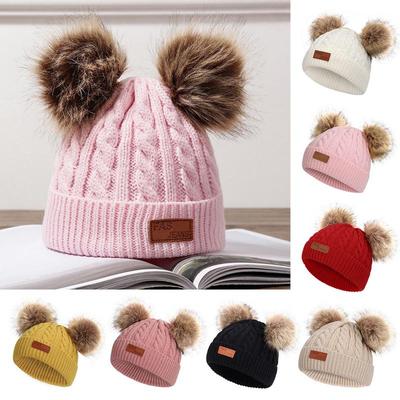 Winter Doppel Warme Mütze Säugling Baby Kinder Haar Ball Stricken Hut Wolle Ohrenschützer Kappe