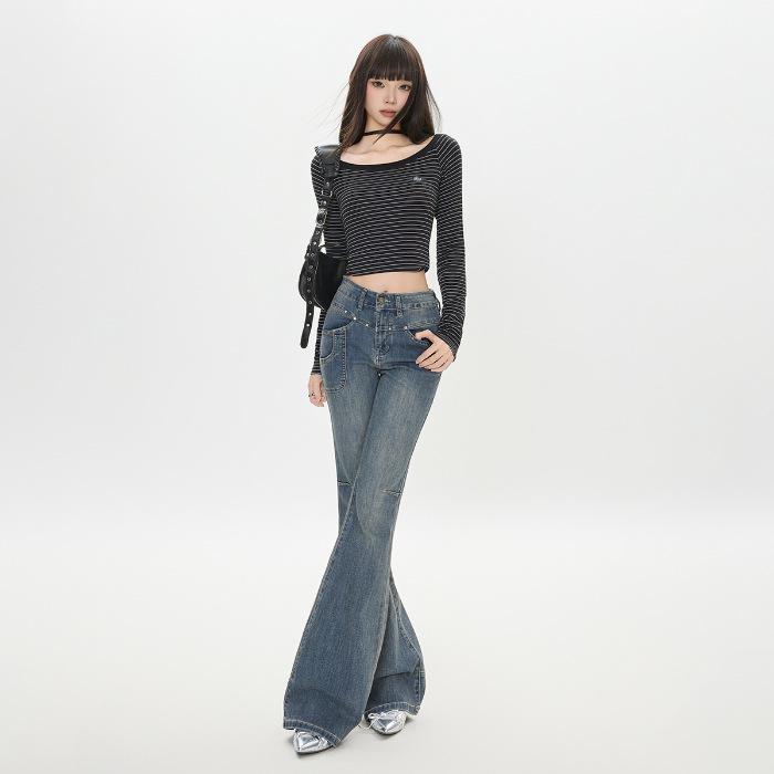 

Women s High-Waisted Retro Micro-Flare Jeans - Slimming Floor-Length Wide-Leg Pants S