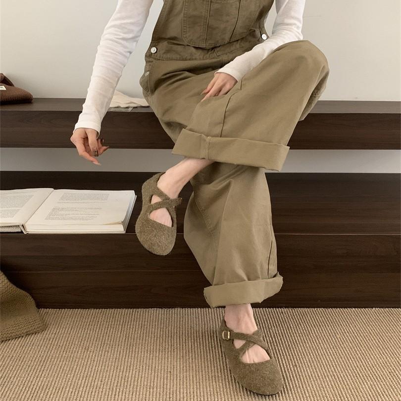 Grape Mother Studiolee Soft Cute Round Head Cross Buckle Sweet Wind Suede Light Mouth Fluffy Mary Jane Single Shoes