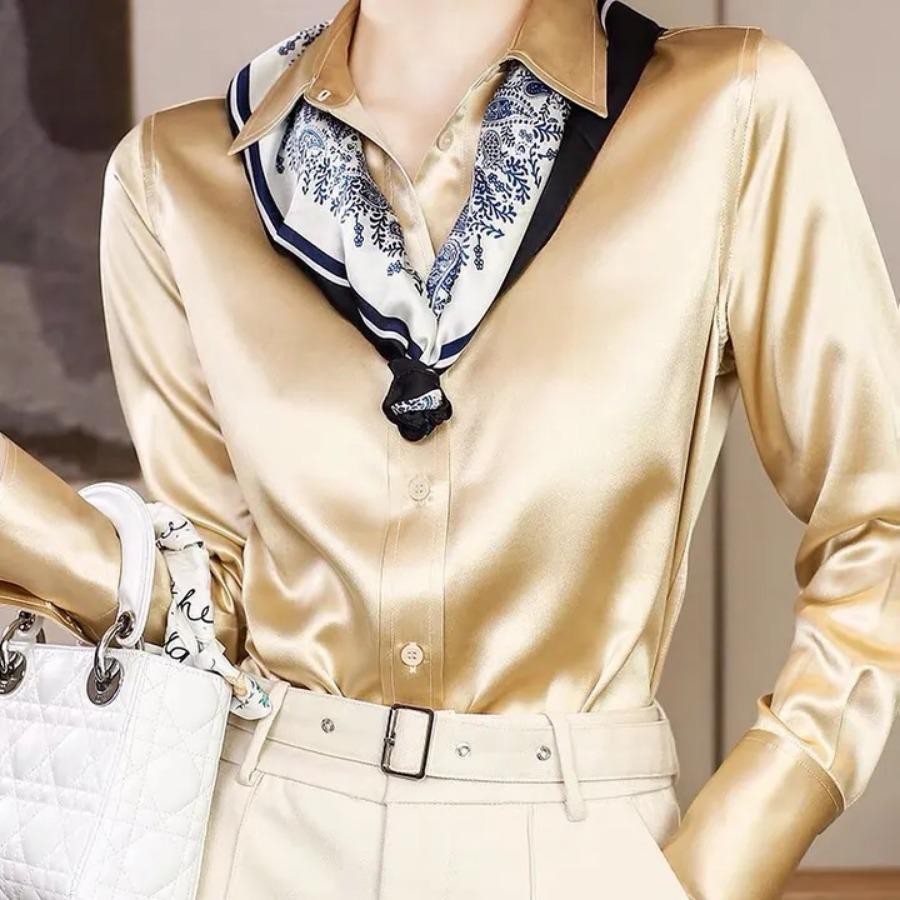 

Рубашка с длинным рукавом из искусственного шелка для женщин, весенне-осенняя атласная блузка, офисная рубашка на пуговицах с лацканами XXL