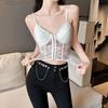 V-Neck Floral Lace Camisole Slim Fit Breathable Mesh Vest Cropped Blouse Slim Bodice  Party