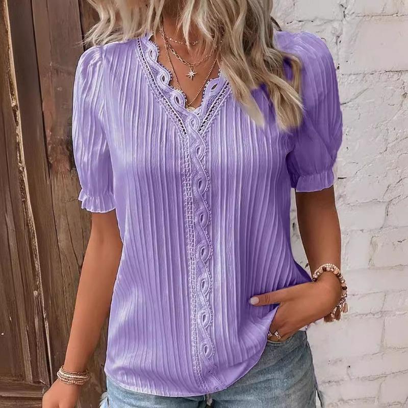 Summer New Holiday Fashion Hollow Solid Color Elegant Short-sleeved V-neck Women's Shirt