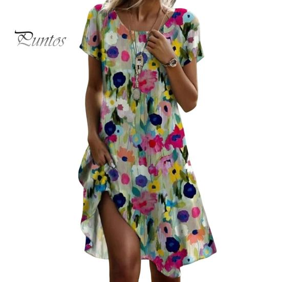 

Женское летнее платье с цветочным принтом, повседневное платье миди с коротким рукавом и круглым вырезом, свободное платье-сарафан в стиле бохо для пляжного отдыха S