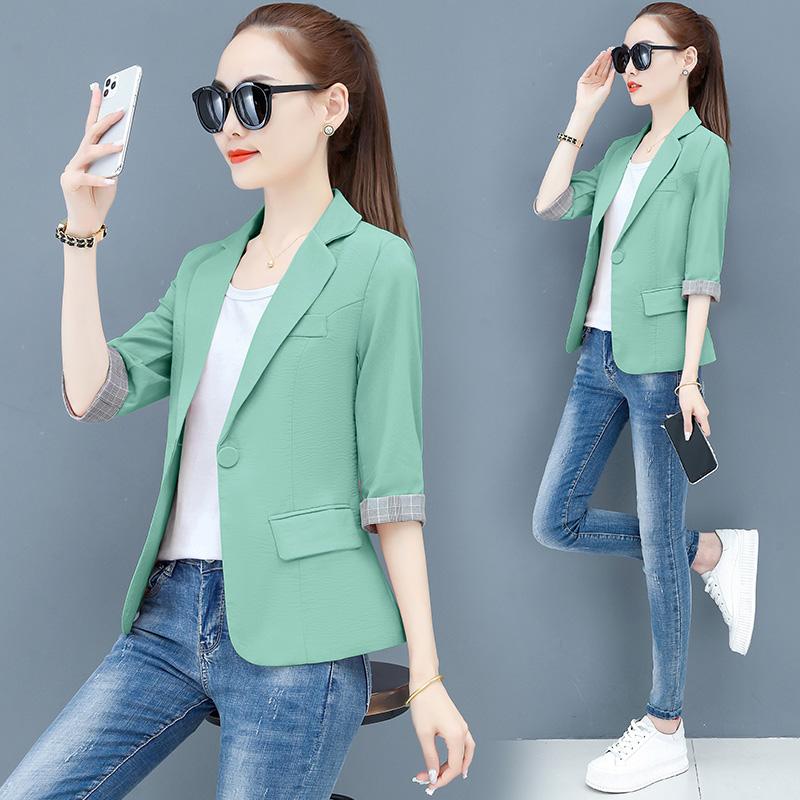 Summer Women Thin Blazer Jacket  New Korean Single Button 3/4 Sleeve Short Jacket Coat Lady Office Blazers Outerwear 3XL