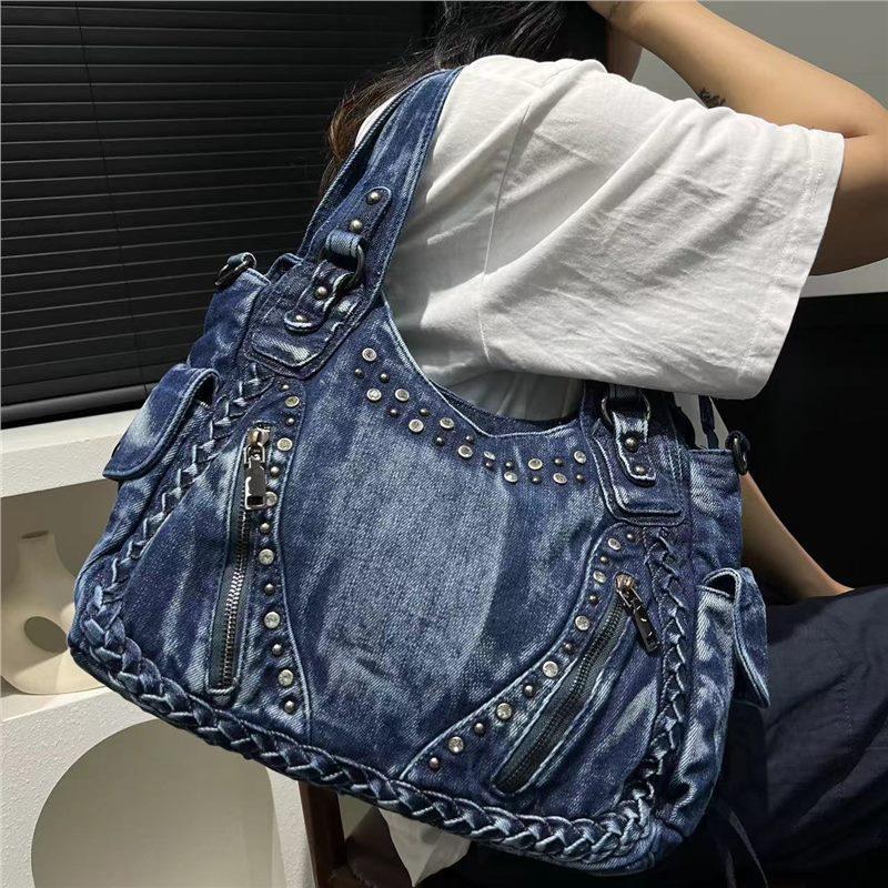 Women'S Diamond-Encrusted Washed Denim Shoulder Bag Large-Capacity Multi-Zipper Japanese And Korean Trendy Handbag
