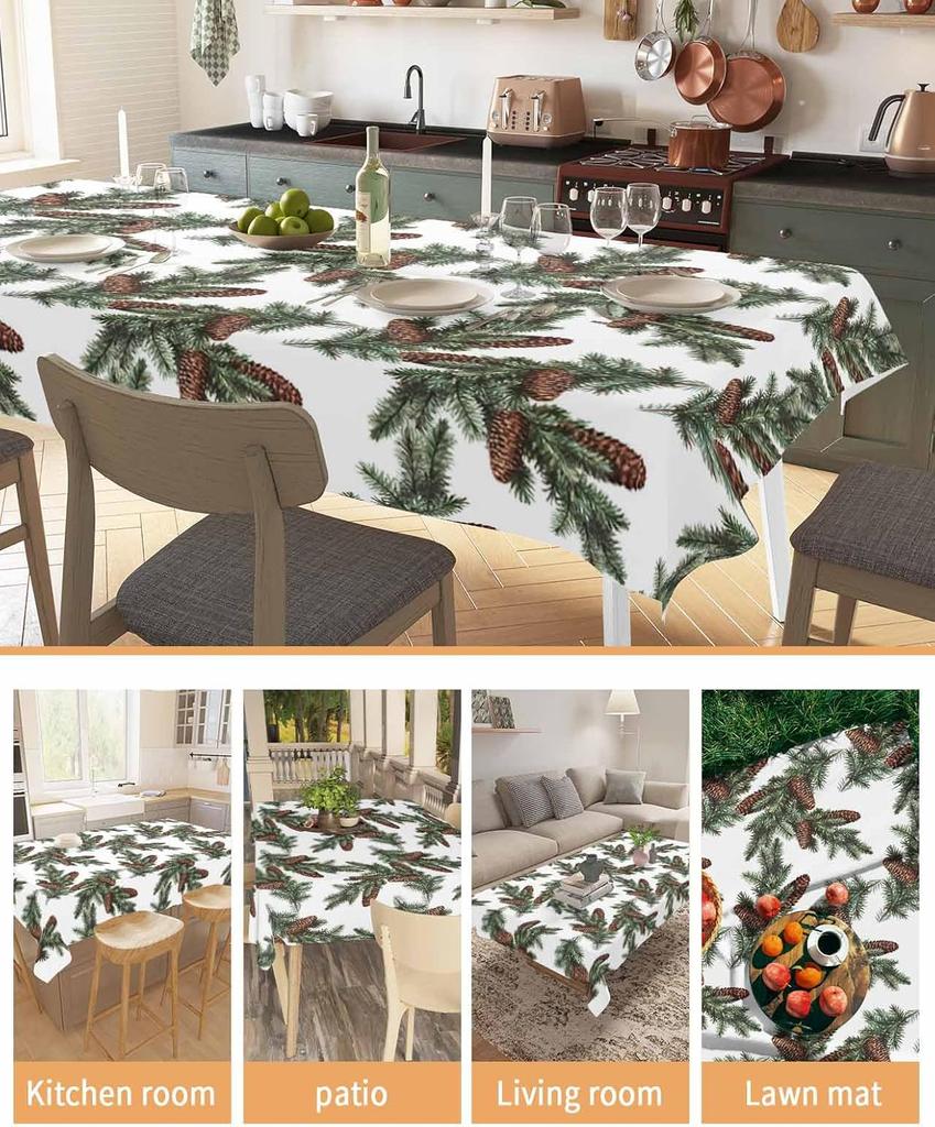Christmas Pine Cones Branches Waterproof Tablecloth Table Decor Winter Xmas Kitchen Dining Tablecloth Christmas Decorations