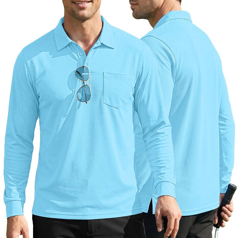 Men S Loose Fit Long Sleeve Solid Mesh Fabric Turn Down Collar Casual Outdoor Sport Polo Shirt