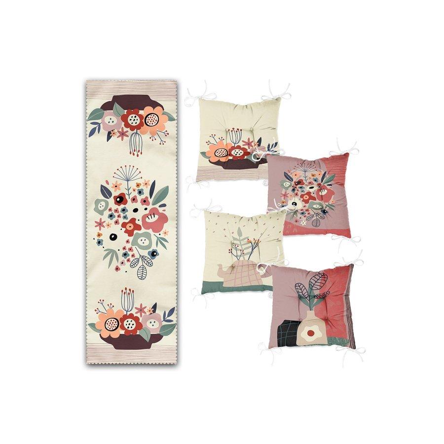 Conjunto de almofadas de cadeira impressas digitalmente com design de padrão de flor / 4 peças de almofadas de cadeira quadradas de 40 × 40 cm e corredor de 1 peça