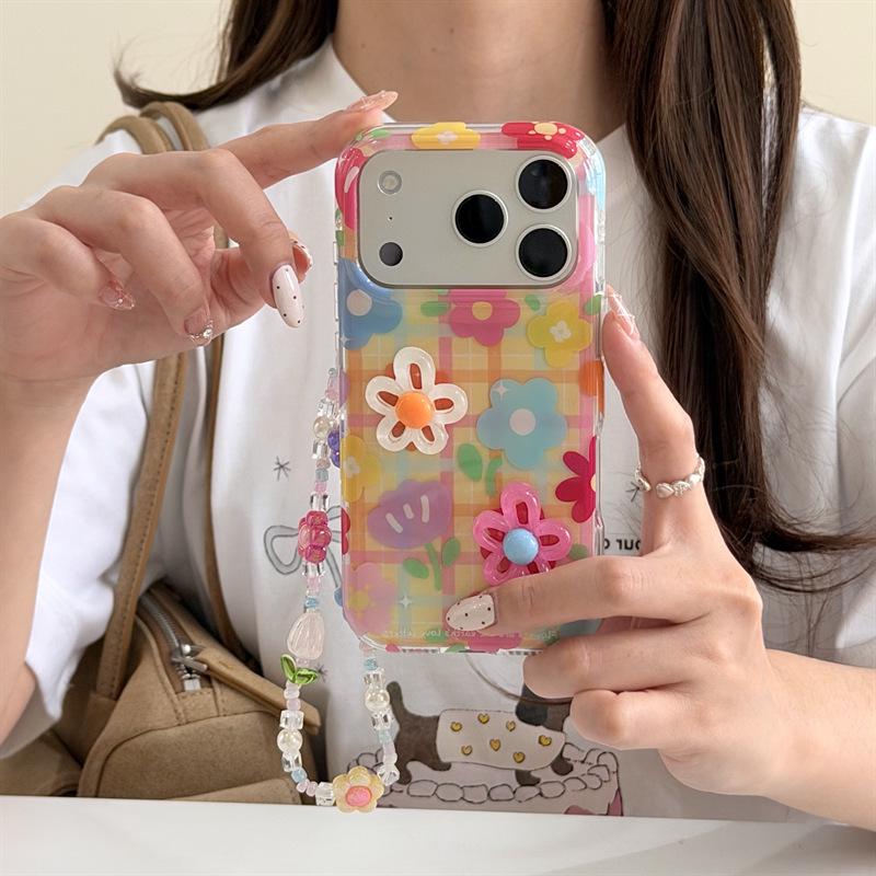 Colorful Plaid 3D Flower Case for iPhone 17, 16 Pro Max, and 15 Pro